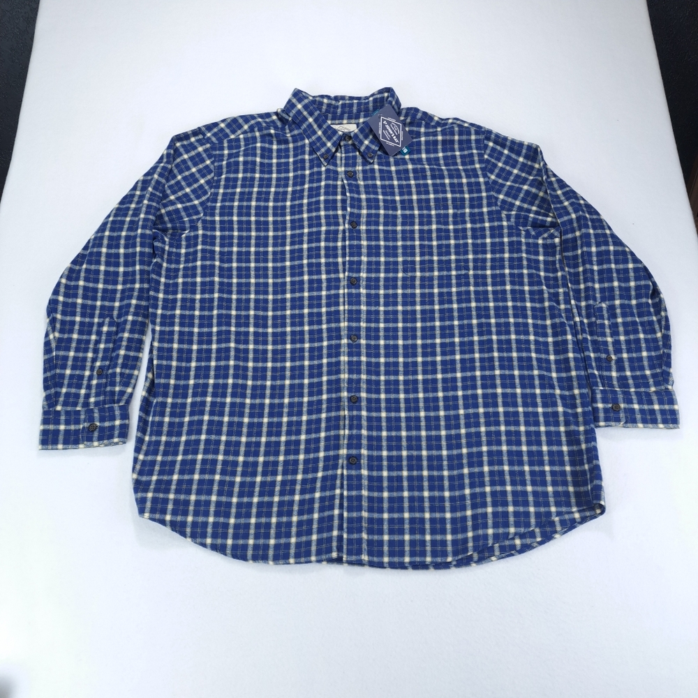 St Johns Bay Button Flannel Shirt Mens 2XL Blue Yellow Plaid Checkered Stretch